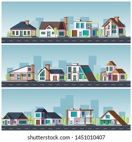 Villa landscape. Residential townhouse living houses neighborhoods vector urban illustration. House apartment construction, suburban district