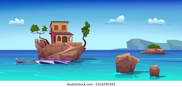 Villa on the island, mooring with a boat. Islands and rocks in the open sea, seascape. Stone house with a terrace in the mediterranean sea, pleasure boat. Cartoon summer landscape. Vector illustration