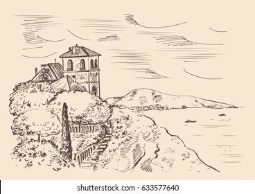 Villa on the mountain in the Mediterranean Sea. Hand drawn vector ink sketch.
