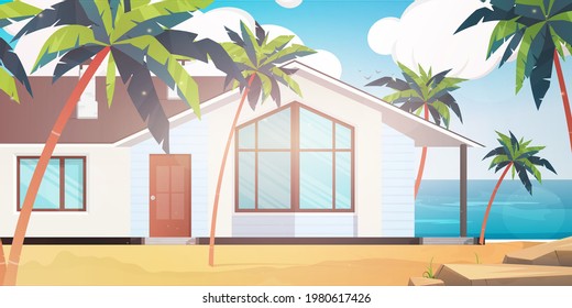 Villa on a sandy beach with palm trees. Summer vacation concept. Vector illustration. Cartoon style.