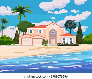 Villa on tropical exotic island coast. Modern luxury cottage, ocean, beach, palms and plants, summertime landscape seachore. Vector illustration