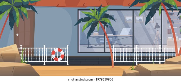 Villa with a pool among palm trees on the beach. Vector