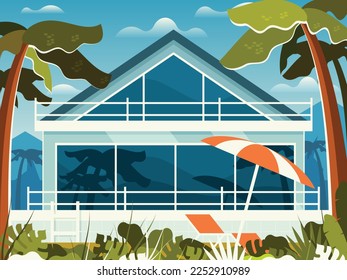 Villa con piscina rodeada de palmeras en la playa. Ilustración del vector