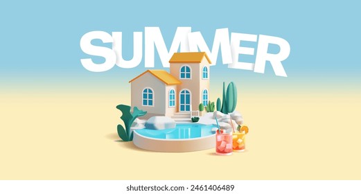 Villa with pool, drinks, 3D. Banner for concepts of rest on hot summer days. For the concepts of rent, tourism, and the sale of a house with amenities, near the sea, the ocean. Vector