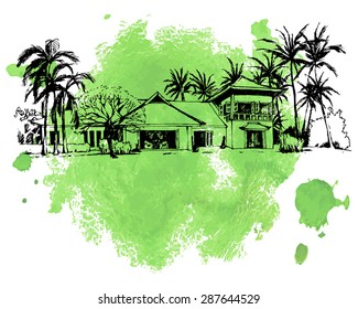 Villa. Tropical villa. Vector Graphic illustration villa. Hand draw  picture villa isolated  on watercolor background.