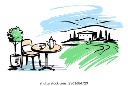 villa in Tuscany, Italy, Europe. Table with tea drawing