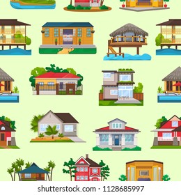 Villa vector facade of house building and tropical resort hotel on ocean beach in paradise illustration set of bungalow in village seamless pattern background