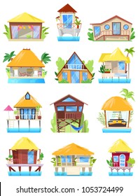 Villa vector tropical resort hotel on ocean beach or facade of house building in paradise illustration set of bungalow in village isolated on white background