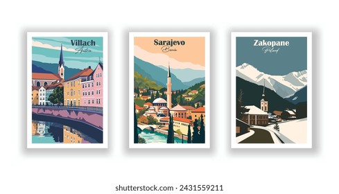 Villach, Österreich. Sarajevo, Bosnien. Zakopane, Polen - Set mit 3 Vintage-Reiseplakaten. Vektorgrafik. Qualitativ hochwertige Ausdrucke