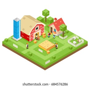 Village Agriculture Farm Rural House Building Isometric 3d Lowpoly Icon Real Estate Garden Symbol Meadow Background Flat Design Vector Illustration