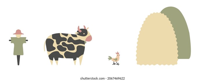 Village animals flat set. Bull, rooster, haystack and straw scarecrow.  Color clip art for outdoor farm background.  Vector pictures without outline for ranch icons.