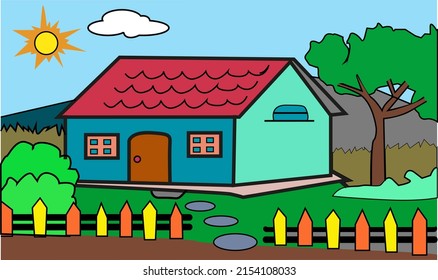 village atmosphere home and green yard graphic vector illustration