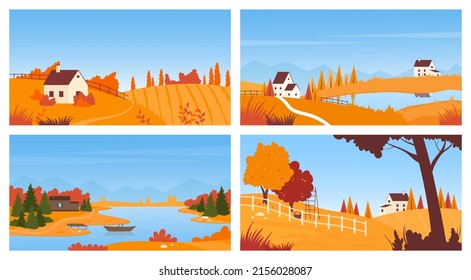 Village autumn landscape with houses on countryside farm field, rural skyline vector illustration set. Cartoon beautiful calm fall panorama scene with mountains, orange trees on grass land background