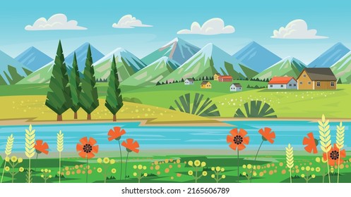 Aldea. Antecedentes con campos y montañas, río o lago y casas. paisaje con colinas, prados, cielo azul con nubes blancas.Pancarta vectorial para productos ecológicos.