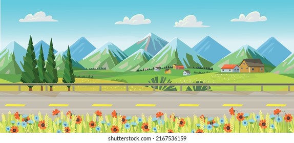 Aldea. Antecedentes con campos y montañas, carreteras y casas. paisaje con colinas, prados, cielo azul con nubes blancas.Pancarta vectorial para productos ecológicos.