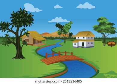 Ilustración de fondo de aldea. Perfecto para fondos de animación que representan estanques de agua, casas, puentes, campos verdes, colinas, vida rural y paisajes naturales serenos