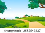 Village Background Vector, Indian village landscape, green land, village houses, trees, road, cartoon background illustration