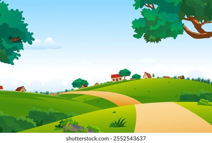 Village Background Vector, Indian village landscape, green land, village houses, trees, road, cartoon background illustration