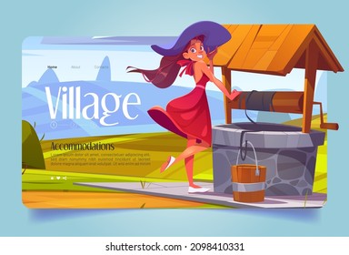 Village banner with beautiful girl and old well on field. Vector landing page of countryside vacations with cartoon illustration of woman and stone well with pure water on green hill