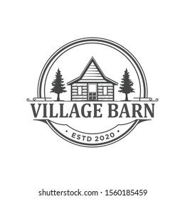 Village barn farm house vintage logo design classic style wooden house. simple minimalist outdoor pine tree.