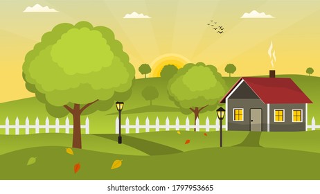 Village with the beautiful scenery background illustration
