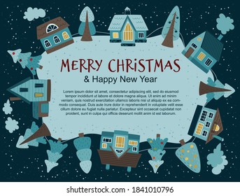Aldea antes de Navidad. Vector de invierno para su texto o felicitaciones. Ilustración vectorial de Navidad en estilo plano.