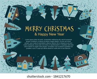 Village before Christmas. Vector winter frame for your text or congratulations. Christmas vector illustration in flat style.