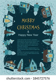Aldea antes de Navidad. Vector de invierno para su texto o felicitaciones. Ilustración vectorial de Navidad en estilo plano.