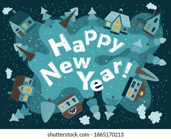 Aldea antes del Año Nuevo. Tarjeta vectorial de invierno con felicitaciones. Ilustración vectorial de año nuevo en estilo plano.
