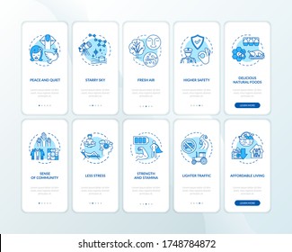 Village benefits onboarding mobile app page screen set with concepts. Local farming. Country living walkthrough 5 steps graphic instructions. UI vector template with RGB color illustrations