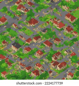 Village, Bird's Eye City, Drone Shot Illustration vector Cartoon Drawing