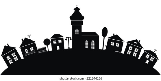 Village, Black Silhouette, Vector Illustration