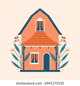 Village building, house with plants, leaves, berries. Cute vector colorful building in hand drawn flat style. Cottagecore arhitecture. Slow life, life on farm. Rest in travel, vacation concept.	