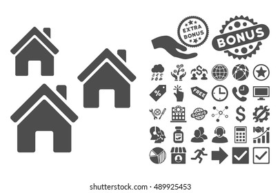 Village Buildings icon with bonus images. Vector illustration style is flat iconic symbols, gray color, white background.