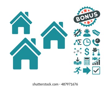 Village Buildings pictograph with bonus symbols. Vector illustration style is flat iconic bicolor symbols, soft blue colors, white background.