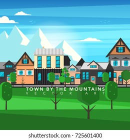 A village by the mountains vector flat design