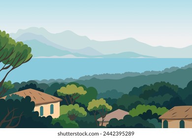 Village by the sea. Mountain village in green forests against the backdrop of the sea. View of the roofs of houses and green trees. Vector illustration for design.