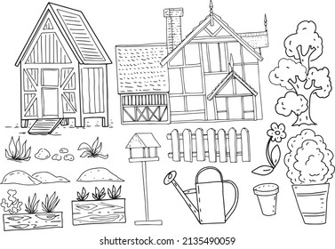 Village cabins farm graphic illustration hand drawn set isolated elements on white background