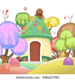 Village with candy garden and lollipop trees. Sweet caramel fairy house. Summer cute landscape. Illustration in cartoon style flat design. Picture for children isolated on white background.. Vector.