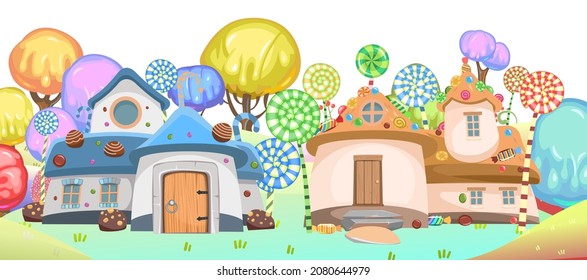 Dorf mit Süßigkeiten Garten. Sweet caramel Fee House. Sommersüße Landschaft. Illustration im Cartoon Stil flach Design. Bild für Kinder einzeln auf weißem Hintergrund. Vektorgrafik.