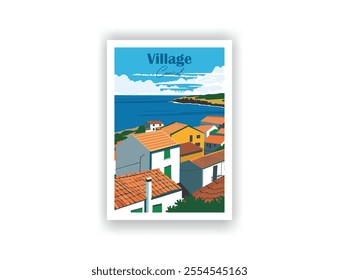 Village of Canical, near Ponta de Sao Lourenco. Hand-drawn vector illustration. Vintage travel poster. 