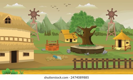 Village cartoon background evening illustration of green meadows and surrounded by trees, windmill fans and mountains