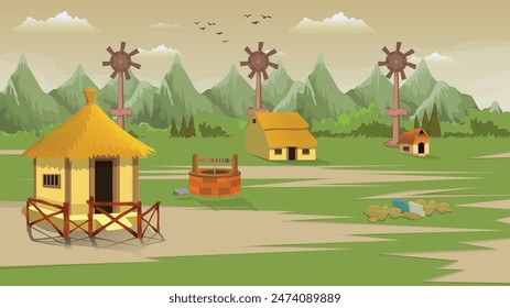 Village cartoon background evening illustration of green meadows and surrounded by trees, windmill fans and mountains