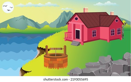 Village cartoon background illustration with cow, cottage, lake, trees, and narrow road.