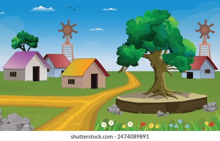 Village cartoon background illustration of green meadows and surrounded by trees, windmill fans and mountains