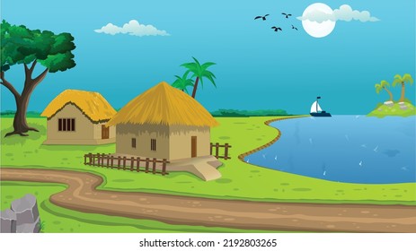 Village cartoon background illustration with sun, cottage, lake, trees, and narrow road.