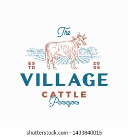 The Village Cattle Abstract Vector Sign, Symbol or Logo Template. Hand Drawn Cow Silhouette and Countryside Rural Landscape Sketch with Retro Typography. Vintage Luxury Vector Emblem. Isolated.