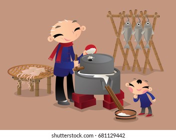 A village Chinese man using millstone to grind grains