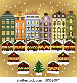 Village in Christmas, banner on background with snow and snowflakes. Greeting card. Vector illustration.
