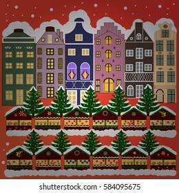 Village in Christmas, banner on background with snow and snowflakes. Greeting card. Vector illustration.